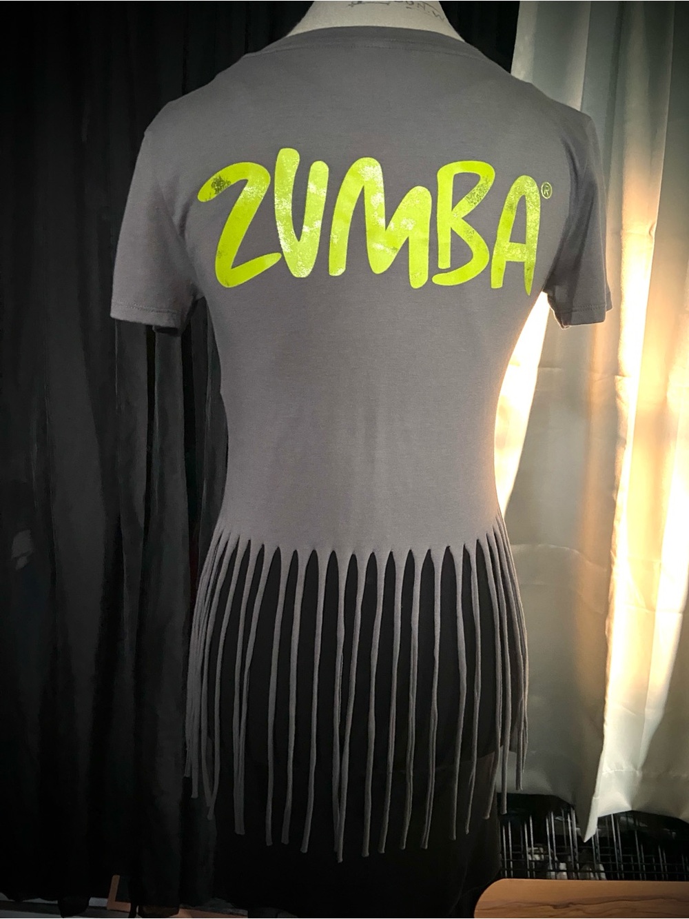 Zumba Fitness Charcoal Gray Fringe Tee- SM - Washed but never worn. NWOT
